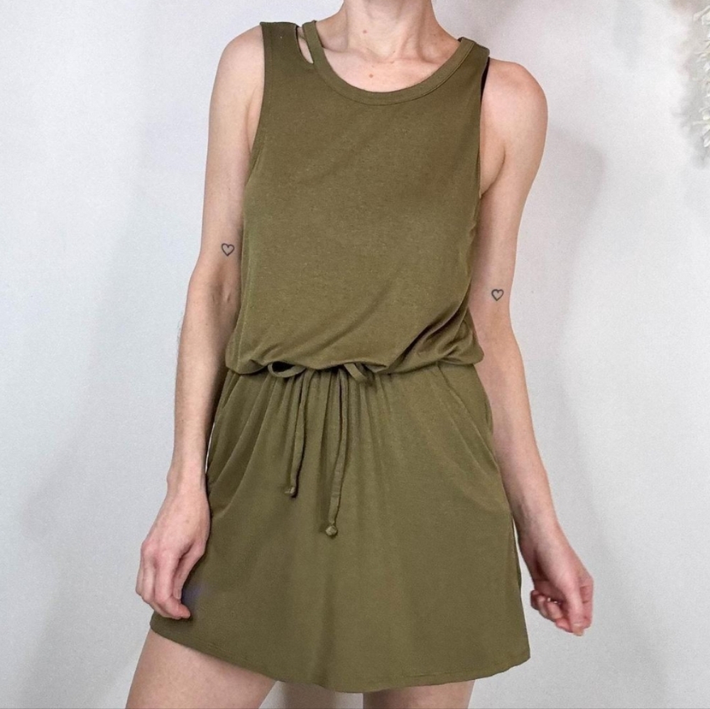 NWT CHASER Distressed Cinched Waist Mini Dress Olive Green